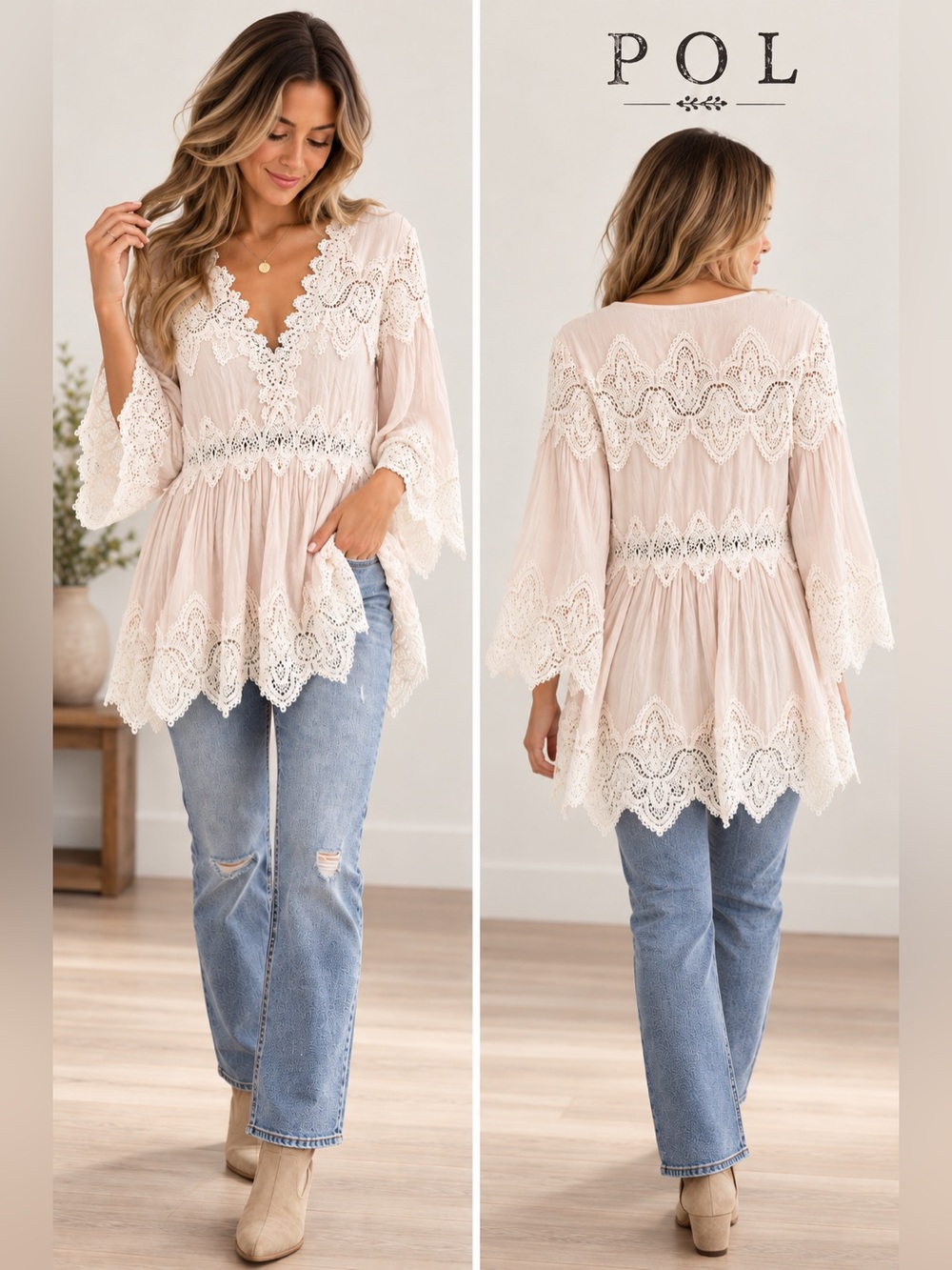 POL Delicate Lace-Trim Tunic Top - Blush